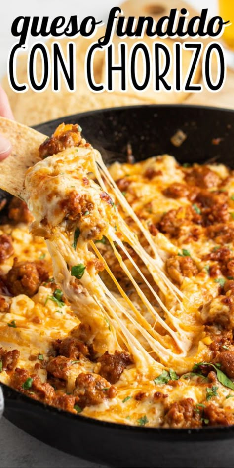 Take a trip to cheese town with this awesome Queso Fundido con Chorizo! This spicy, savory combination is everything you love about cheese dips! #BreadBoozeBacon #chorizo #quesofundido #appetizer #partyfood #cheesedip #mexicanfood #cincodemayo Recipes That Use Queso, Cacique Chorizo Recipes, Cojito Cheese Recipes, Easy Smoker Appetizers, Chorizo Dip Recipes, Chorizo Tacos Recipes, Queso Fresco Uses, Choriqueso Recipe, Chirozo Recipes