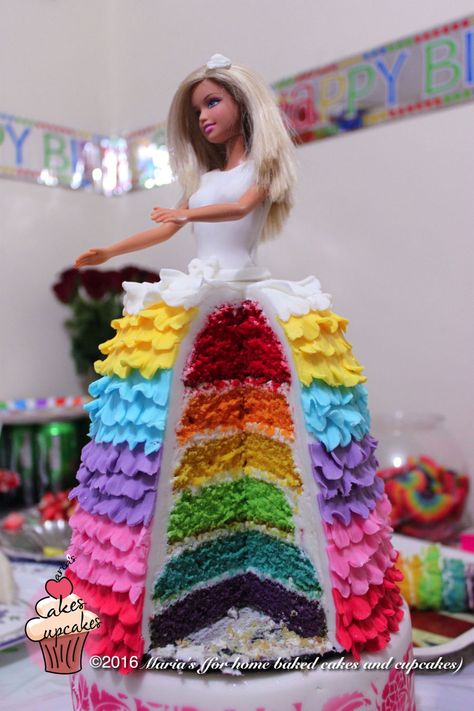 Rainbow Barbie Cake Rainbow Doll Cake, Barbie Cake Rainbow Dress, Barbie Birthday Cake With Doll, 4 Tier Barbie Cake, Barbie Doll Birthday Cake, Rainbow Cake With Candy Inside, Barbie Doll Bundt Cake, Doll Birthday Cake, Barbie Birthday Cake