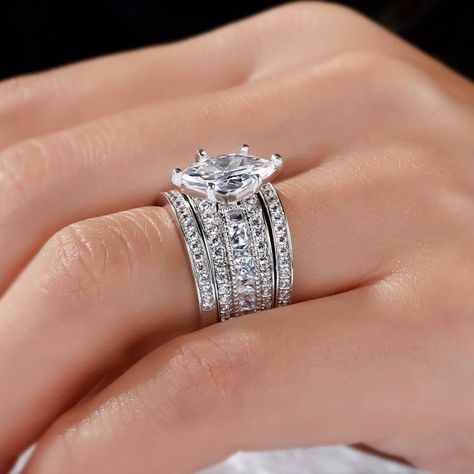 Jeulia 3PC Milgrain Marquise Cut Created White Sapphire Wedding Set 3.2 CT - Jeulia Jewelry White Sapphire Wedding Set, Marquise Cut Diamond Ring, Stackable Diamond Rings, Diamond Ring Set, Rings Collection, Sterling Silver Rings Set, Silver Ring Set, Bridal Ring Sets, Diamond Ring Settings