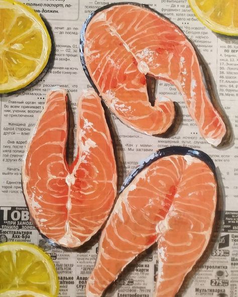 Salmon Drawing, Meat Art, Watercolor Blog, Foodie Art, Newspaper Art, Orange Painting, Food Illustration Art, Watercolor Food, Still Life Fruit