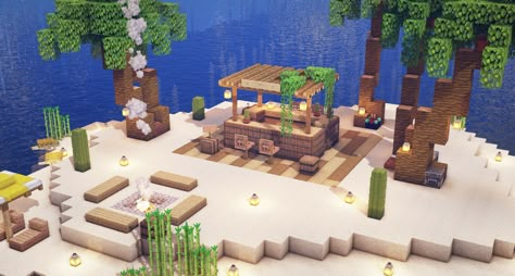 Tiki Bar on a tropical island : Minecraft Island Minecraft, Minecraft Decoration, Bar Island, Wood Slab Table, Minecraft Cottage, Diy Minecraft, Cool Minecraft Houses, Cute Minecraft Houses, Minecraft Room