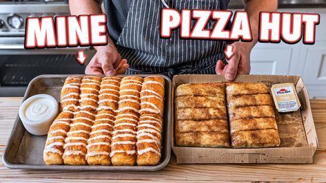 Making Pizza Hut Cinnamon Sticks At Home | But Better Pizza Hut Cinnamon Sticks, Diy Cute Halloween Costumes, Cinnamon Bread Sticks, Cinnamon Sticks Recipe, Fancy Dinner Ideas, Homemade Grilled Cheese, Joshua Weissman, Homemade Cinnamon Roll, Homemade Baked Goods