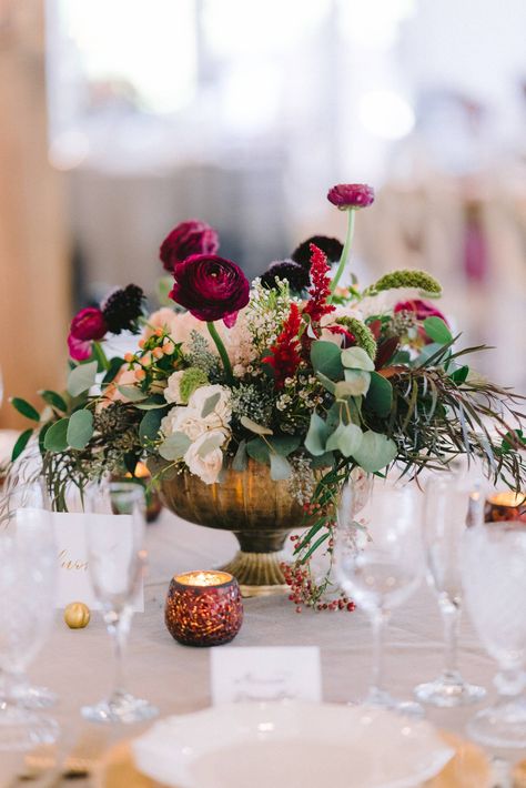 Elegant Jewel-Toned Farm Wedding in Tennessee | Tennessee Real Weddings | Gallery | Item 60 Centerpieces Wedding Jewel Tone, Low Compote Centerpiece, Jewel Tone And Gold Wedding, Jewel Tone Wedding Flowers Centerpieces, Jewel Tone Flower Arrangements, Jewel Tone Centerpieces Wedding, Jewel Tone Floral Arrangements, Jewel Tone Centerpieces, Compote Centerpiece Wedding