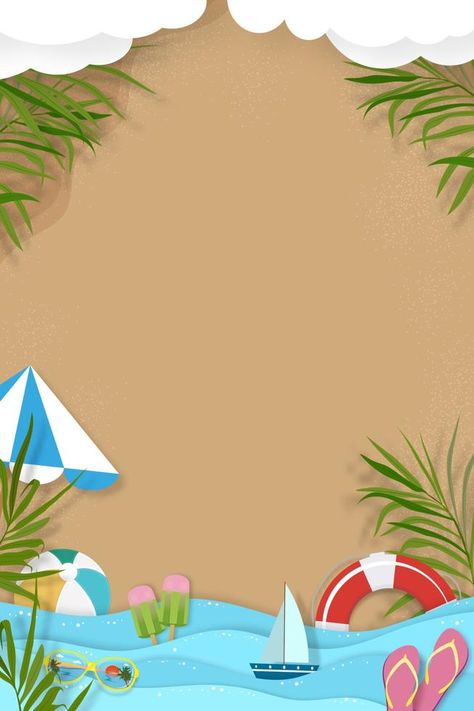 Summer background with beach vacation holiday theme with blue ocean wave layer and copy space,Vector Top view paper cut of tropical summer design, palm leaves and cloud on beach sand background Summer Theme Background, Bday Template, Beach Theme Birthday, Summer Sale Poster, Sand Background, Cloud Background, Space Vector, Elements Canva, Beach Birthday Party