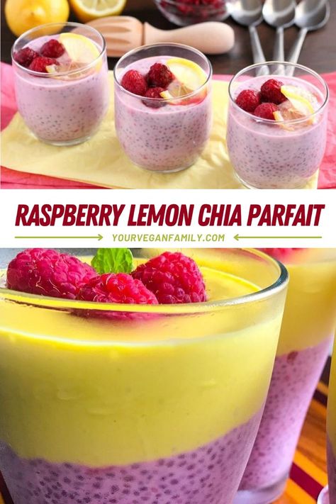 Raspberry Lemon Chia Parfait. this rainbow of raspberry-lemon, high protein goodness satisfies on every level. It’s a raw, vegan, refreshing, delicious plant-based dessert that’s healthy enough to provide a solid breakfast for an athlete or replenishing snack. The bottom layer is a raspberry infused chia pudding that you top with creamy, vegan lemon pudding. Raspberry Matcha Chia Pudding, Lemon Curd Chia Pudding, Vegan Lemon Pudding, Flaxseed Recipes, Raspberry Chia Pudding, Dairy Free Dessert Easy, Chia Pudding Recipes Healthy, Chia Puddings, Chia Parfait