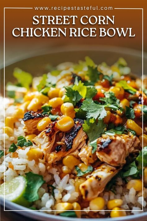 This street corn chicken rice bowl is packed with bold flavors and textures. It features tender, seasoned chicken, zesty Mexican street corn, and a bed of fluffy rice, all topped with a creamy, spiced dressing. Perfect for a hearty lunch or dinner that brings the flavors of Mexican street corn to a filling bowl. Mexican Bowl Recipe, Mexican Chicken Bowl, Chicken Bowl Meal Prep, Mexican Rice Dishes, Street Corn Chicken, Street Chicken, Rice Bowls Healthy, Healthy Hearty Meals, Chicken Rice Bowl