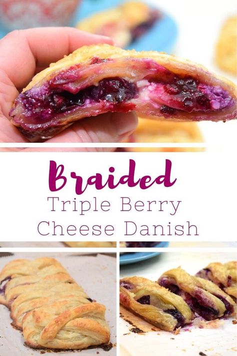 BraidedWhat do you do when your berries are sour or don't taste very good? Make this easy Braided Triple Berry Cheese Danish filled with cheesecake batter and berries. This dessert will totally wow your gustes! #berrydessert #puffpastry #dessertrecipes #recipes Berry Cream Cheese Danish, Berry Danish, Braid Recipes, Crescent Breakfast, Peach Cheesecake, Cream Cheese Danish, Berry Breakfast, Cheese Danish, Roasted Strawberries