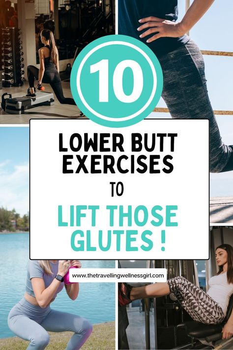 Pinterest pin showing a woman doing lower glute exercises during her booty workout Hamstrings And Glutes Workout Gym, Best Glute Gym Workout, Workout For Lower Glutes, 5 Minute Glute Workout, 30 Day Glute Challenge Results, Seated Glute Workout, Lower Glutes Exercises, Chair Glute Exercises, Strengthen Glutes Workout