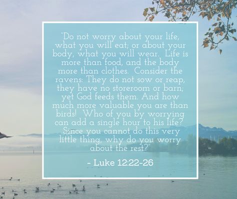 “Do not worry about your life, what you will eat; or about your body, what you will wear. Life is more than food, and the body more than clothes. Consider the ravens: They do not sow or reap, they have no storeroom or barn; yet God feeds them. And how much more valuable you are than birds! Who of you by worrying can add a single hour to his life? Since you cannot do this very little thing, why do you worry about the rest?” ~ Luke 12:22-26 Luke 12:22-26, Luke 12 22, Luke 8, Do Not Worry, Luke 12, Jesus Calling, Living Water, Eternal Life, Scripture Quotes