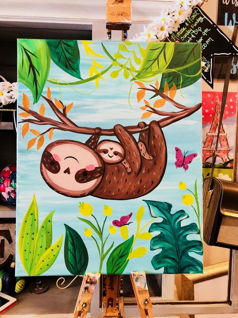 Cute Sloth Painting, Sloth Painting Easy, Jungle Art For Kids, Simple Animal Paintings, Kids Canvas Painting, Kids Painting Party, Sloth Art, Kids Canvas, Watercolor Paintings For Beginners