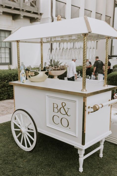 Champagne Bar Cart Wedding, Party Food Cart Design Ideas, Snack Bar Cart Party, Cocktail Cart Wedding, Diy Party Cart With Wheels, Bar Cart For Events, Bar Cart Business, Wedding Drink Cart, Diy Champagne Cart