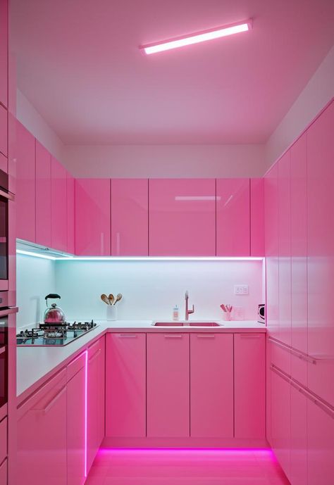 Pink And Black Kitchen, Ramona Gibbler, Pink Kitchen Cabinets, Pink Kitchen Designs, Pink Kitchen Ideas, Pink Refrigerator, Pink Fridge, Pink Interiors, Pink Apartment