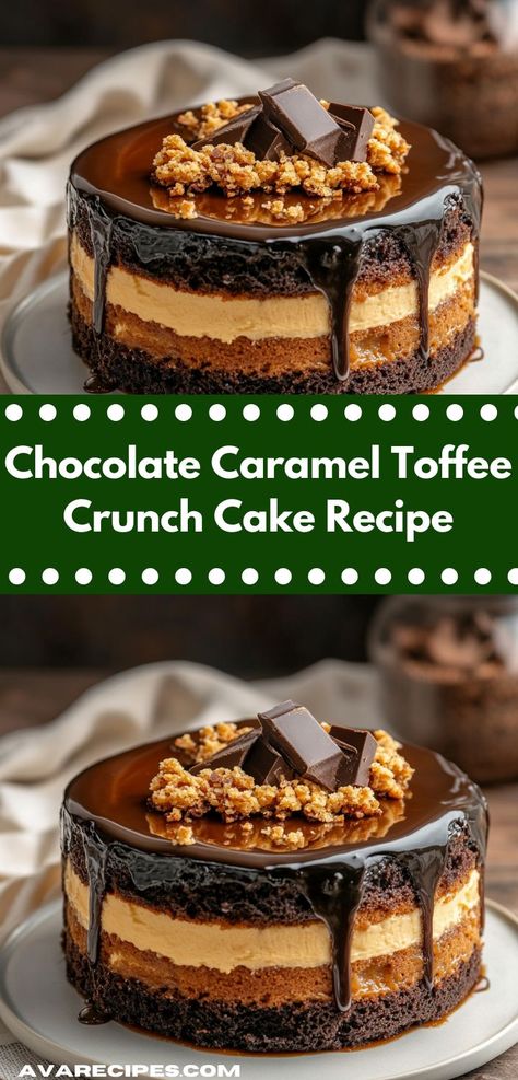 Craving a sweet indulgence? This Chocolate Caramel Toffee Crunch Cake Recipe is the ultimate dessert idea. Its rich flavors and delightful crunch make it a perfect treat for family gatherings or special occasions. Chocolate Caramel Toffee Crunch Cake, Toffee Crunch Cake, Chocolate Caramel Dessert, Crunch Cake Recipe, Toffee Crunch, Caramel Cake Recipe, Chocolate Caramel Cake, Toffee Cake, Butterscotch Cake