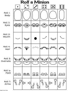 Fun drawing activity for students of all ages. Roll then draw each part of your very own minion character! Roll To Draw, Roll And Draw Free Printables, Fun Activities For Kids At School, Roll A Character, Roll A Masterpiece, Roll A Drawing, Trendy Art Ideas, Roll And Draw, Art Games For Kids