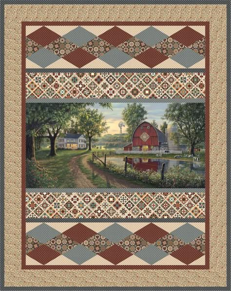 Mosaic Farm Quilt With Panel, Panel Quilts Ideas Layout, Panel Quilts Ideas, Quilt Panel Patterns, Quilts Made With Panels, Quilts From Panels, Horse Quilts, Quilts Using Panels, Borders For Quilts