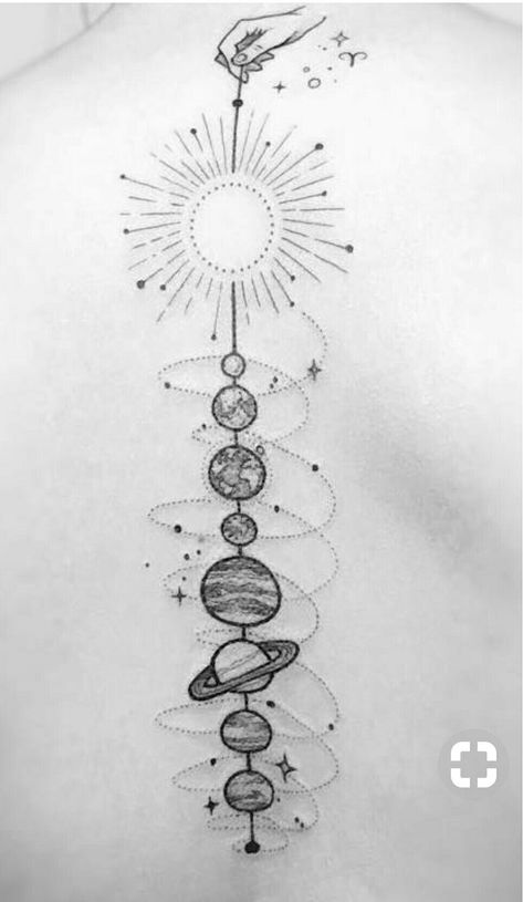 Constellation Tattoo Spine, Spine Tattoos Space, Constellation Spine Tattoo, Spine Tats, Flower Spine Tattoos, Spine Tattoo Ideas, Planet Tattoos, Gemini Tattoo, Witch Tattoo