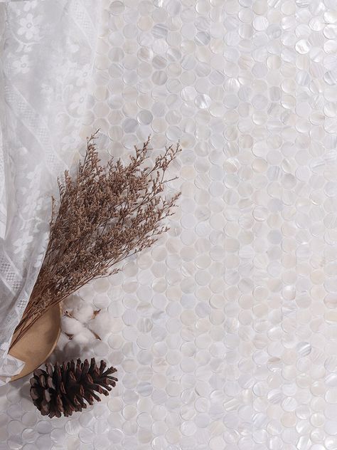 Elegant White Penny Round Mother of Pearl Mosaic Tiles | Timeless Design #bathroomtileideas #mosaic #bathroomtilesideas #showertiledesign #mosaico #pennyroundtiles #pennyroundtile #walltiledesign #WallTiles #WhiteTiles #whitetiles #showertileideas #motherofpearls #motherofthepearl #motherofpearl #motherofpearltiles #pearltile #mosaictileart #tileshower #tilestyle #tiles #tiledesign #mosaictile #bathroomtile Marble Daisy Mosaic Tile, Pebble Tile Ocean Mosaics, Horizontal Gray Pearl Glass Accent Tile Daltile, Shell Mosaic Tile, Pearl Tile, Penny Round Tiles, Penny Round, Wall Tiles Design, Shower Tile Designs