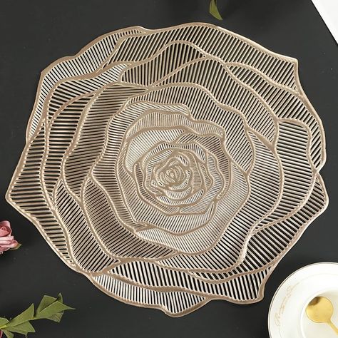 Amazon.com: Mabbcoo Gold Placemats Pressed Vinyl Round Placemats Set of 6 Pretty Rose Shape Design Washable Dining Table Decoration Mats for Birthday Holiday Party Wedding Kitchen Decor : Home & Kitchen Rose Pattern Design, Gold Placemats, Ceramic Shapes, Glam Table, Placemats For Round Table, Luxury Dining Table, Floral Placemats, Dining Table Decoration, Round Placemats