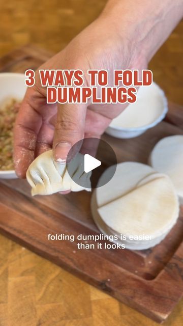 Tina & Brandon on Instagram: "Folding dumplings made easy 🥟  Dumplings come in all shapes and sizes and different folds are used for different types and cooking methods.   These are three of the most common ways to fold dumplings.   1.  Half moon dumplings are typically pan fried or steamed. This is probably one of the most common folds you’ll see.  2. Gold coin dumplings are shaped like ancient Chinese money to represent wealth. You’ll see these most often  in soup wontons.  3. Round dumplings are done for soup dumplings (xiao long bao) and steamed buns.   Follow @magmagcooks for more easy Asian inspired recipes . . . #easyrecipes #cooking #foodie #cookingvideo #asmrfoodie #viral #fyp #gyoza #dumpling #potsticker #asianfood #asmr #dinnerrecipes #chinesefood" Ways To Fold Dumplings, How To Fold Dumplings Videos, How To Fold Dumplings, Dumpling Folding Techniques, Folding Dumplings, Dumpling Folding, Fold Dumplings, Homemade Dumplings Recipe, Asian Dumplings