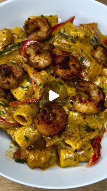 Seafood Network🦞🦐🦀🦑🐙🍤 on Instagram: "Jerk Shrimp Rasta Pasta   @iamcorrinnechristina  ✨RECIPE✨  - Add salt to water and boil noodles according to directions on the box  - in a bowl add raw shrimp ( peeled and deveined) and add 3 tsp of MILD jerk seasoning ( season with onion powder,obey,garlic powder,black pepper) mix.  - add olive oil to base of pan and add shrimp cooking on both side for 3 mins each - when shrimp are done remove from pan and in same pan add sliced bell peppers and diced onion  -once your veggies are soft add in a tsp of minced garlic and sauté  for another minute. - add heavy whipping cream - I used the entire cart,, you want to make sure it covers your veggies ( turn heat on med low)  - season with half packet of sazon , smoked paprika, onion powder, garlic powder Jamaican Pasta Salad, Jerk Shrimp Recipe, Shrimp Rasta Pasta Recipe, Jerk Shrimp Pasta, Shrimp Cooking, Rasta Pasta Recipe, Jerk Shrimp, Rasta Pasta, Raw Shrimp