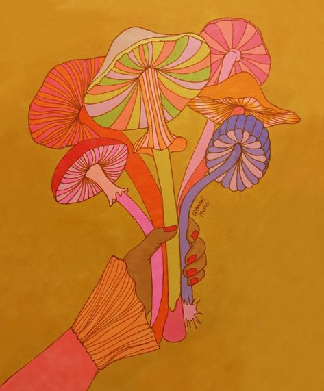 Marisol Muro on Instagram: “Mushroom Bouquet 💐 I wanted to illustrate that mushrooms are a special gift when I drew it last year ❤️ this one is still available in the…” Trippie Aesthetic, Mushroom Bouquet, Funky Vibes, Collage Des Photos, Psychadelic Art, Phone Art, Hippie Wallpaper, The Mushroom, Mushroom Art