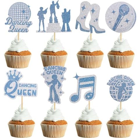 Dancing Queen Cupcakes, Dancing Queen Birthday Decorations, Dancing Queen Themed Birthday, Dancing Queen Bday Cake, Mamma Mia Cupcake Toppers, Dancing Queen Birthday Cards, Dancer Cake, Music Theme Birthday, Vintage Disco