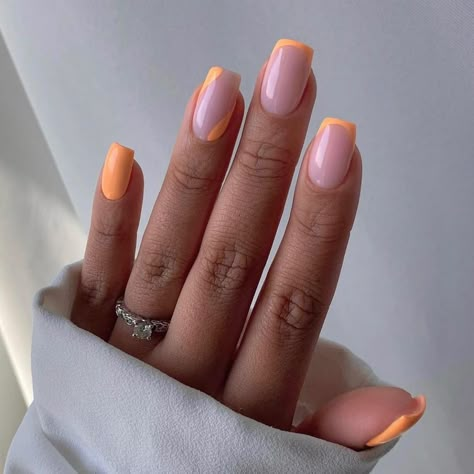 French Tip Coffin Nails, French Tip Coffin, Orange Acrylic Nails, Nails Short Square, Orange Nail Designs, Short Coffin, Square Nail Designs, Short Coffin Nails, Short Square Nails