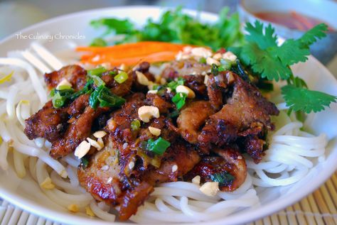 Bún Thịt Nướng - Vietnamese grilled pork and vermicelli noodles. The chargrilled, caramelised taste of the meat blows me away. One of my favourite Southeast Asian streetfoods. Thit Nuong Recipe, Vietnamese Grilled Pork, Vietnamese Pork, Pork Marinade, Vermicelli Noodles, Rice Vermicelli, Vietnamese Cuisine, Bbq Pork, Grilled Pork