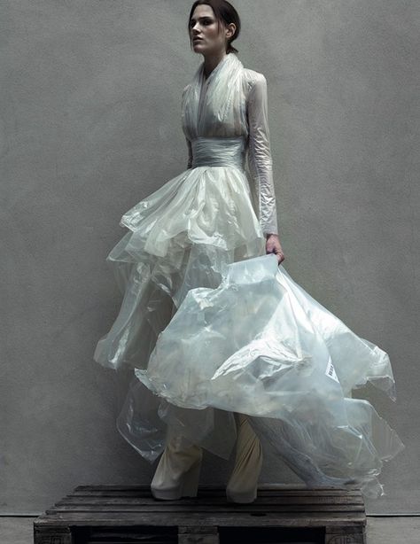 Pretty sure this is made of trash bags, or maybe even the plastic you put down when painting! hahahahaha Trash Fashion, Recycled Dress, Mode Editorials, Sculptural Fashion, Plastic Dress, Gareth Pugh, Recycled Fashion, Fashion Project, Upcycled Fashion