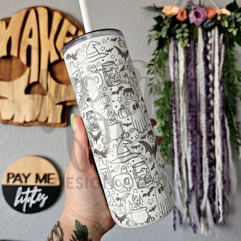 Spooky doodle tumbler is here! I have been asked for a spooky themed tumbler multiple times. You would think that it would have been at the top of my list, but we won't talk about that 😬 Anyways, I have a listing for a 20oz, but can make it in multiple sizes and styles. Also, if you have your own ability to engrave tumblers you can snag this design for a 40oz tumbler. #spookytumbler #spookydoodles #halloween #alwayshalloween #halloweenislife #spookylife #laserengraved #tumblerengraving #... Thunder Laser, Spooky Doodles, White Tumbler, Laser Engraved Ideas, Us Holidays, Engraved Tumbler, Planner Stationery, Engraved Stainless Steel, Planner Supplies