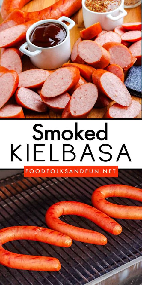 This easy, hassle-free smoked kielbasa recipe requires less than two hours to cook and zero prep time. It is an excellent recipe for your first time using a smoker grill. via @foodfolksandfun Smoked Kielbasa Recipes, Cooking Kielbasa, Smoked Kielbasa, Kielbasa Recipe, How To Cook Kielbasa, Traeger Smoker, Easy Cucumber Salad, Kielbasa Recipes, Smoker Grill