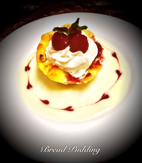 Raspberry-White Chocolate Bread Pudding Bread Butter Pudding Plating, Bread Pudding Plating Ideas, Bread Pudding Plating, White Chocolate Bread Pudding, Bread Butter Pudding, Cherry Bread, Chocolate Bread Pudding, Butter Pudding, Bread And Butter Pudding