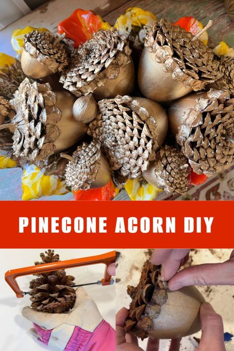 DIY Pinecone Acorns Paper Mache Eggs, Pinecone Crafts, Inexpensive Decor, Diy Pinecone, Metallic Spray Paint, Thanksgiving Traditions, Thanksgiving Tablescapes, Pine Cone Crafts, Thanksgiving Decor