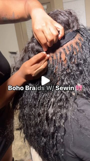 Braids, Wig-installs, Makeup on Instagram: "Boho braids with sew in. 🎀🔥 we used an old curly wig for the middle part & 2 bundles for parameter braids.   This style took about 4hours. This is definitely the go to style for the summer!! 👏🏾🔥   If you don’t want to sit in the chair for long, this is the go to style. Book now!!!   #houstonhairstylist #houston #atlbraids #braids #sewin #sewinhairextensions #boho #bohostyle #bohobraids #curlybraids #deepwave #waterwave #howto" Individual Braids And Sew In, Braids And Curly Weave Hairstyles, Sew In With Knotless Braids, Water Wave Hairstyles With Braids, Half Cornrows Half Curly Weave Blonde, Braids With Sewing In The Back, Deep Wave Box Braids, Boho Knotless Braids With Sew In, Long Curly Sew In Weave With Leave Out