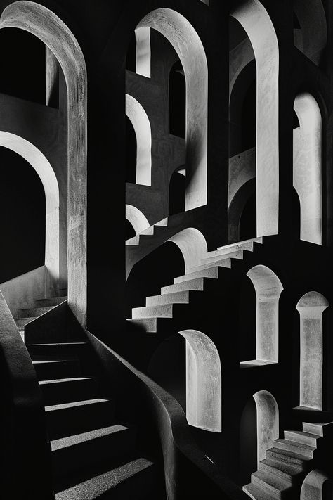 M.C. Escher optical illusion staircases with dramatic lighting, leading into different arched doorways. Features surreal setting with dramatic hard shadows, captured with high detail by Canon EOS and SIGMA Art Lens. The post M.C. Escher Optical Illusion Staircases with Dramatic Lighting appeared first on The Candie | Inspirational Digital Art by The Candie. Optical Illusion Building, Space And Contrast Art, Illusion Art Aesthetic, Escher Architecture, Optical Illusion Architecture, Mc Escher Relativity, Stairs Illusion, Optical Illusion Photography, Escher Stairs