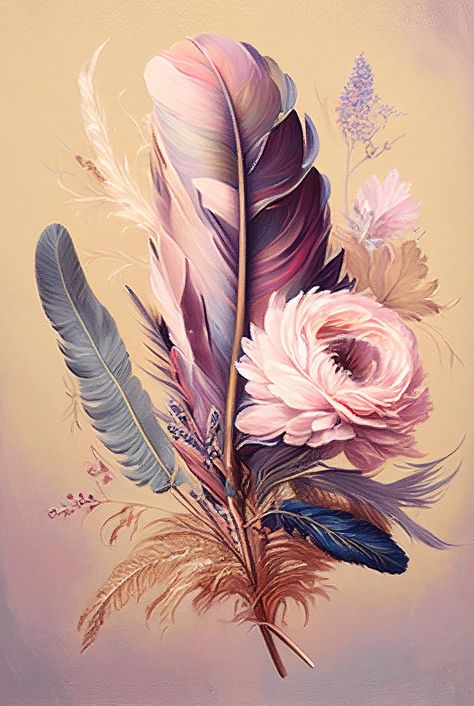 Boho feathers and flower bouquet in pastel colors, oil painting style. The flower is light pink, the main feather is pink and dark magenta, and the smaller feathers are gray and blue. Wild branches compliment the bouquet. Art generated by Synnrgy. Feather Aesthetic, Architectural Digest Bedroom, Botanical Bouquet, Art For Wall Decor, Feather Artwork, Feather Bouquet, Calligraphy Lessons, Feather Wallpaper, Art For Wall