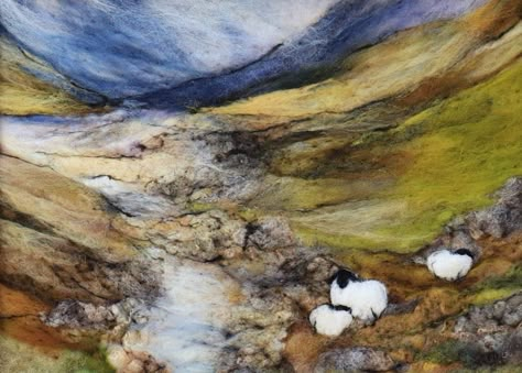 Landscape Felting, Needle Felted Landscapes Inspiration, Landscape Needle Felting, Wool Paintings Needle Felting, Needle Felted Sheep Picture, Sheep Art, Wet Felting Projects, Felt Pictures, Wool Felt Projects