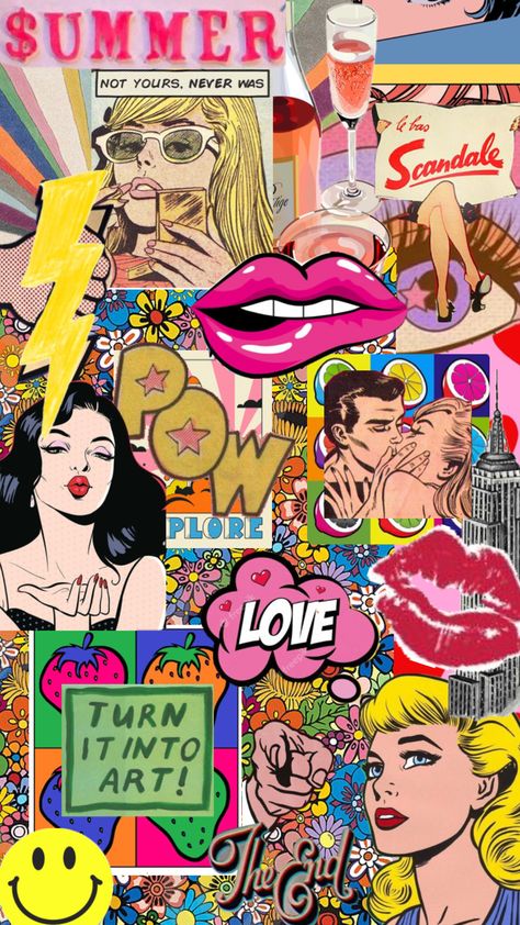 Pop art inspo #popart #wallpaper #vibes #70s Pop Art Fashion Aesthetic, Pop Culture Mood Board, Pop Art Phone Wallpaper, 70s Collage Art, Pop Art Title Page, 70s Pop Art, Comic Aesthetic Pop Art, Pop Art Background Pattern, Vintage Pop Art Wallpaper