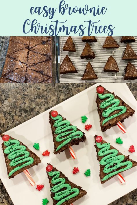 Brownie Christmas Tree, Brownie Christmas Trees, Chocolate Brownie Christmas Trees, How To Cut Brownies Into Christmas Trees, Christmas Theme Brownies, Brownie Christmas Trees Desserts, Easy Christmas Party, Christmas Tree Brownies, Christmas Party Treats