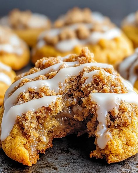 Pumpkin Cinnamon Crumb Cookies with Sweet Icing Drizzle Pumpkin Cookies With Cinnamon Chips, Crumbl Pumpkin Cookies, Pumpkin Cinnamon Crumble Cookies, Copycat Crumbl Pumpkin Cookies, Crumbl Pumpkin Cookie Recipe, Frosted Crumbl Caramel Pumpkin Cookies Copycat Recipe, Decorated Pumpkin Cookies, Crumb Cookies, Pumpkin Sweets