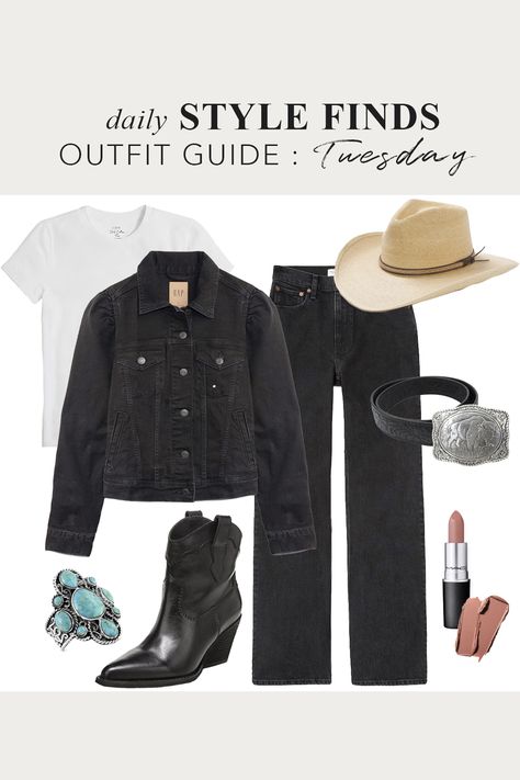 Western-inspired outfit for fall: Black denim, puff sleeve jacket, turquoise, black western boots, Outfit guide for fall, fall packing guide, what to wear fall 2023, women fall outfit with black straight wide leg jeans, how to style black puff sleeve denim jacket, how to style western black boots, how to style wide leg jeans, how to style wide leg jeans over 40 Black Jean Western Outfit, Faded Black Denim Jacket Outfit, Black Denim Country Outfit, Washed Black Denim Jacket For Everyday, Oversized Black Denim Jacket For Fall, Western Black Boots, Black Western Boots Outfit, How To Style Wide Leg Jeans, Puff Sleeve Jacket