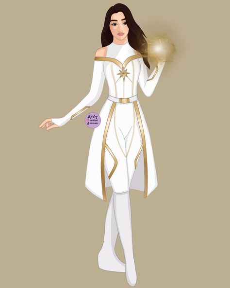 How To Make A Superhero Costume, White And Gold Superhero Suit, Cosmic Superhero Suit, Eternals Outfits, White And Gold Superhero Suit Female, Gold Superhero Suit Female, Superhero Suits Female, Superhero Design Female, White Superhero Suit Female