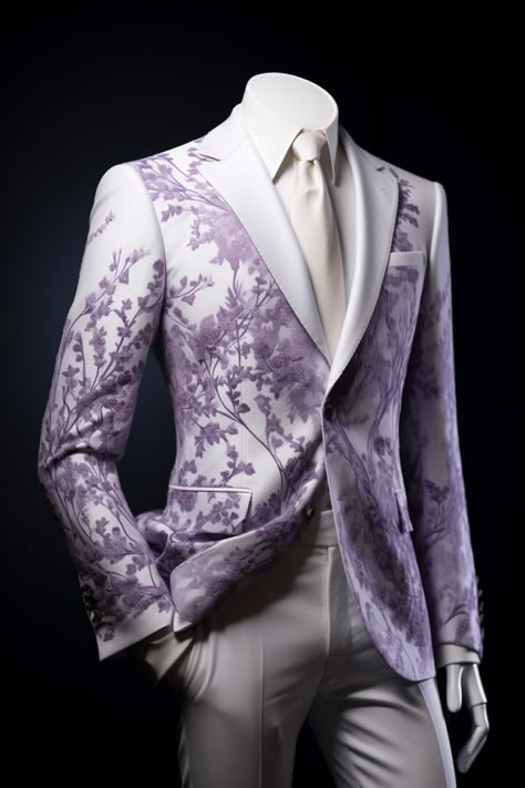 Lavender flower inspired suit Purple Victorian Suit Men, Lilac Wedding Suit, Whimsical Wedding Suit, Light Purple Suits For Men, Fairytale Suits For Men, Male Prom Outfits Unique, Feminine Suits For Men, Light Purple Suit, Lilac Groom Suit