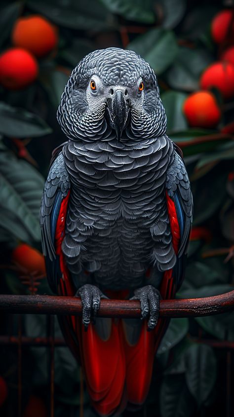 Photorealistic African Grey Parrot with Red Tail Parrot Wallpaper, Inspirational Digital Art, Grey Parrot, Galaxies Wallpaper, African Grey Parrot, African Grey, Dark Colors, White Roses, Animal Drawings