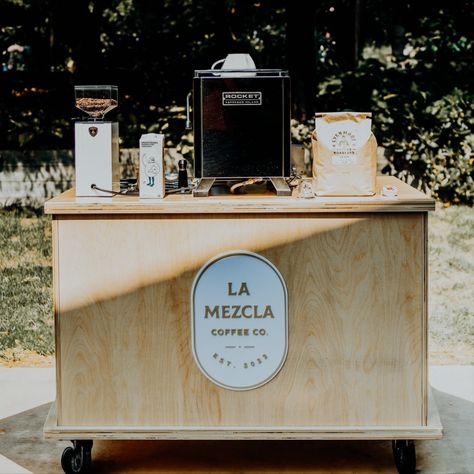 Coffee Cart by La Mezcla Coffee Photo By Gracie Elena Photography Coffee Cart For Events, Drink Vendor Booth Ideas, Wedding Coffee Cart, Mobile Coffee Cart Ideas, Coffee Cart Aesthetic, Coffee Cart Ideas Business, Diy Coffee Cart, Coffee Cart Ideas, Charcuterie Cart