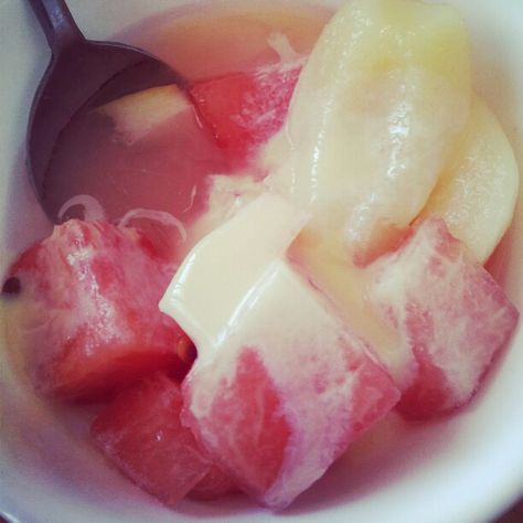 Watermelon and ice with condensed milk~ Watermelon Condensed Milk, Shaved Ice With Condensed Milk, Melon Milk, Condensed Milk, Watermelon, Milk, Fruit