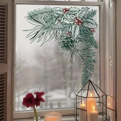 Christmas Pvc Glass Sticker, Green Plant Glass Film Waterproof Removable Window Static Sticker Christmas Decoration Window Flower Sticker - Temu Window Corner, Stained Glass Window Film, Christmas Plants, Christmas Window Decorations, Christmas Border, Wallpaper Furniture, Window Films, Plant Wallpaper, Static Cling