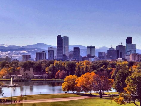 Photo by Kelly Weber Denver skyline. Denver City Skyline, Denver Colorado Photography, Denver Colorado Skyline, Denver Mountains, City Scape Painting, Denver Skyline, Mountain Lions, Sticker Inspo, Denver City