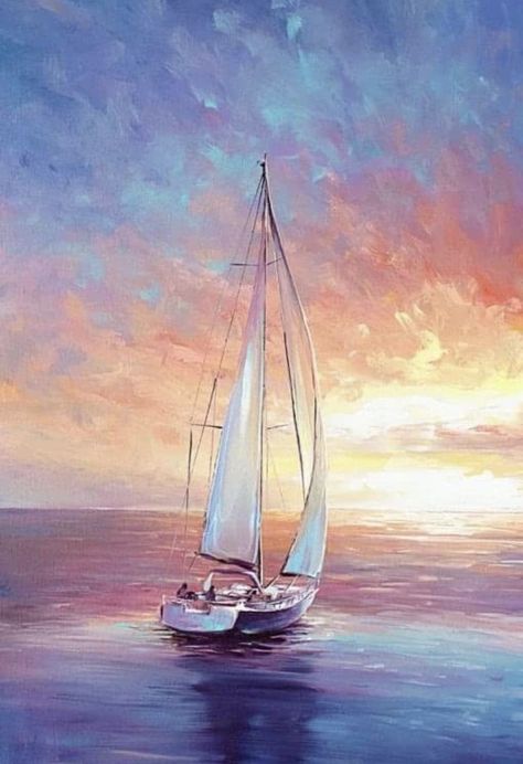 Christmas Paintings On Canvas Acrylics, Sailboat Painting Acrylic, Boat Painting Acrylic, Monika Luniak, Boats Painting, Canvas Landscape Painting, Canvas Painting Acrylic, Beach Scene Painting, Boat Drawing