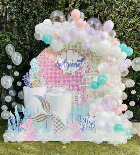 Mairmaid Birthday Decoration, Mermaid Slumber Party, Barbie Mermaid Birthday Party, Pastel Mermaid Party, Mermaid Birthday Party Decorations Diy, Mermaid Table Decorations, Mermaid Theme Cake, Birthday Party Paper Decorations, Ocean Birthday Party